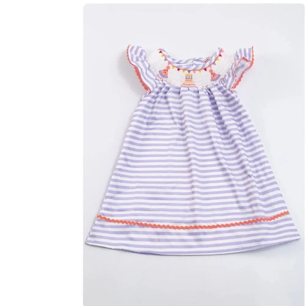 Clover Cottage Purple & white stripe smocked birthday embroidered dress NWT